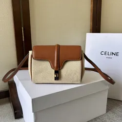 Stylish Celine Beige Canvas And Brown Leather Crossbody Bag For Fashion Lovers size:18×12×6cm #B54298