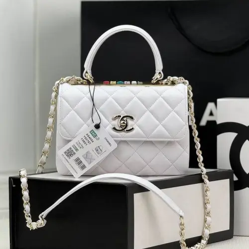 CHANEL Lambskin Lacquered Quilted Mini Trendy CC Tote Bag White #B50737
