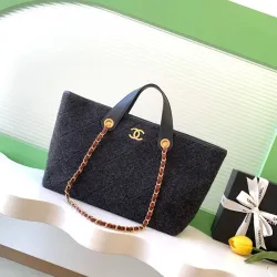 Chanel Black Felt Tote Quilted  Soft Textured  Calfskin Handle Metallic Chain #B60134