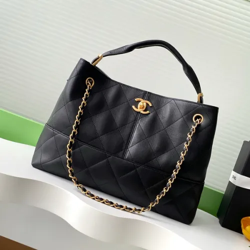 Chanel Shopping bag, Calfskin & gold-tone metal, black size:36×24×12cm #B53451