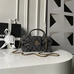 Chanel Women's Top Handle Bag - Gray Textured Fabric with Quilted Design, Gold-Tone CC Logo & Chain Strap, Luxurious Handbag for Fashion-Forward Style #B56721