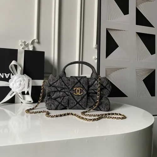 Chanel Women's Top Handle Bag - Gray Textured Fabric with Quilted Design, Gold-Tone CC Logo & Chain Strap, Luxurious Handbag for Fashion-Forward Style #B56721