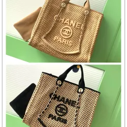 Chanel Woven Tote: Textured Raffia, Signature Logo & Chain, Embracing Summer Elegance size38 #B54154