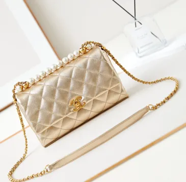 Chanel Mini Pearl Top Handle Flap Bag Metallic Gold Lambskin Brushed Gold Hardware #B49067