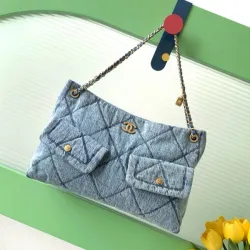Chanel Women's Denim Shoulder Bag - Quilted Design, Gold-Tone CC Logo & Chain Strap, Stylish Denim Flap Bag with Functional Pockets for Luxury Fashion #B56717