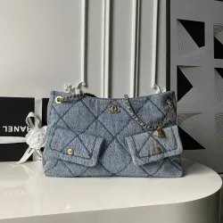 Chanel Women's Denim Tote Bag - Quilted Design, Light Blue Denim Fabric, Gold-Tone CC Logo & Chain Strap with Lock Detail, Spacious Luxury Handbag with Functional Pockets #B56722