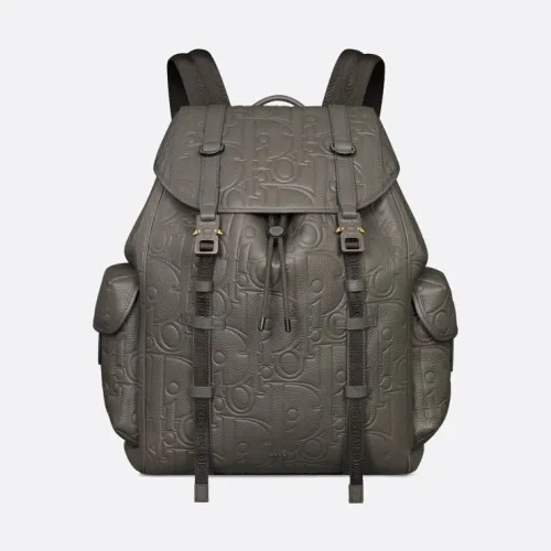 Dior Men's Grey Embossed Leather Backpack with Signature Hardware - Luxury Fashion for Urban & Travel Essentials A205 #B57298