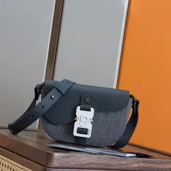 Dior Small Saddle Messenger Bag – Anthracite Gray Oblique Canvas & Grained Calfskin with Aluminum Buckle #B59158