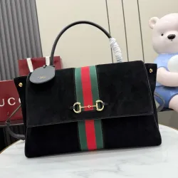  Black Suede Web Stripe Horsebit Top Handle Bag 875019 #B66546