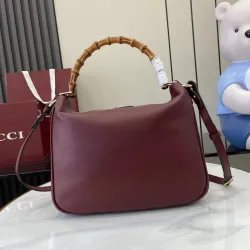  Burgundy Leather Bamboo Shoulder Bag 799863 W30xH23xD6.5cm #B67166