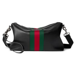  Black Leather Web Stripe Crossbody Shoulder Bag A002kx #B66542