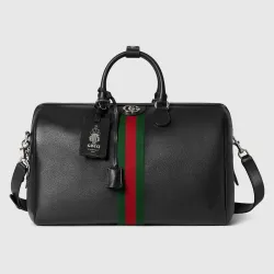  Black Leather Web Stripe Large Travel Duffle Bag 834460 #B66548