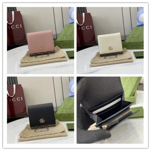 Gucci GG Canvas Compact Wallet with Black Leather Interior, Gold Accents, Classic Pattern & Multiple Card Slots for Women #B55976