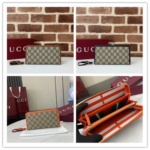 Gucci Zip-Around Wallet with Signature GG Canvas, Orange Trim & Detachable Strap, Stylish & Practical for Everyday Use #B55974