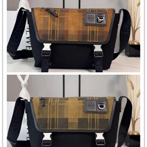 Loewe Flex Messenger Bag (822513) - Medium Size, Plaid Canvas & Suede, Anagram Logo, Adjustable Strap #B59971