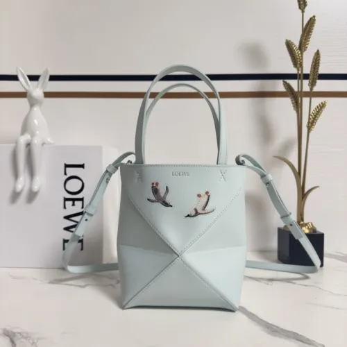 Loewe Women's Mini Bucket Bag - Light Blue Leather with Penguin Embroidery, Convertible Handle & Crossbody Strap, Playful Luxury Handbag with Anagram Logo #B56831