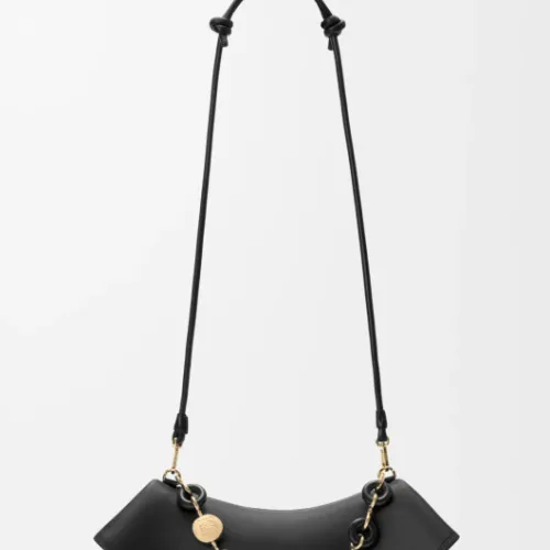 Loewe Women's Shoulder Bag - Black Leather, Gold-Tone Chain Detail with Knot Accents, Signature Branding, Stylish Luxury Crescent Bag #B56853