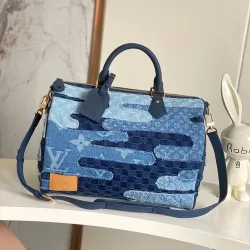 LV Original M15277 Sac Speedy Bandoulière 40 | Denim Patchwork Travel Bag with Koi Fish Motif #B60246