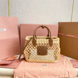 Tan/caramel Woven Fabric Handbag With Leather Trim #B50800