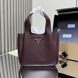 Prada BG335 2025 New Bucket Tote Bag - Burgundy Leather Large Version with Metal Logo #B59493 Prada BG335 2025 New Bucket Tote Bag - Burgundy Leather Large Version with Metal Logo #B59493
