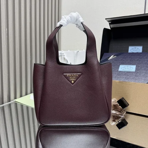 Prada BG335 2025 New Bucket Tote Bag - Burgundy Leather Large Version with Metal Logo #B59493