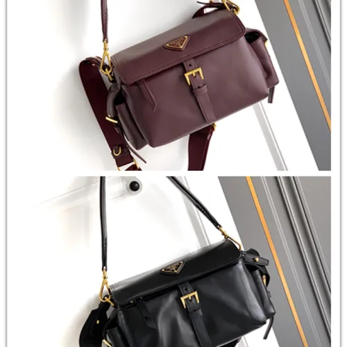 Prada Cahier Messenger Bag (2 Colors) – Burgundy/Black Leather with Gold-Tone Triangle Logo & Buckle Hardware #B59175