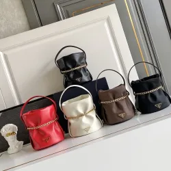 Prada Re-Edition Bucket Bag (4 Colors) – Red/Black/White/Brown Fabric with Gold-Tone Chain & Triangle Logo #B59173