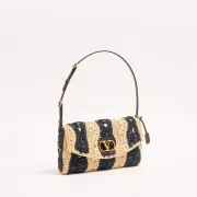 Valentino 22116 Garavani Devain Black Beige Striped Raffia Shoulder Crossbody Handbag #B66002 Valentino 22116 Garavani Devain Black Beige Striped Raffia Shoulder Crossbody Handbag #B66002