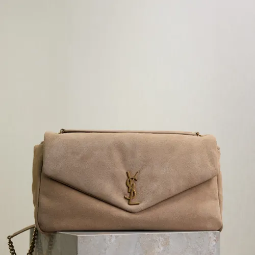 SAINT LAURENT Cassandra Envelope Clutch – Beige Suede Leather with Gold YSL Logo #B58755