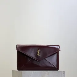 SAINT LAURENT Cassandra Envelope Clutch – Burgundy Smooth Leather with Gold YSL Logo (Detachable Chain Strap) #B58776