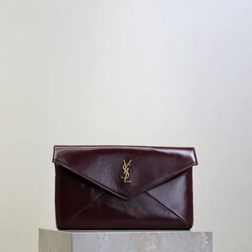 SAINT LAURENT Cassandra Envelope Clutch – Burgundy Smooth Leather with Gold YSL Logo (Detachable Chain Strap) #B58776