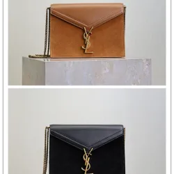 SAINT LAURENT Cassandra Envelope Crossbody Bag Set – Tan Leather-Suede & Black Velvet with Gold YSL Logo (Detachable Chain Strap) #B58765