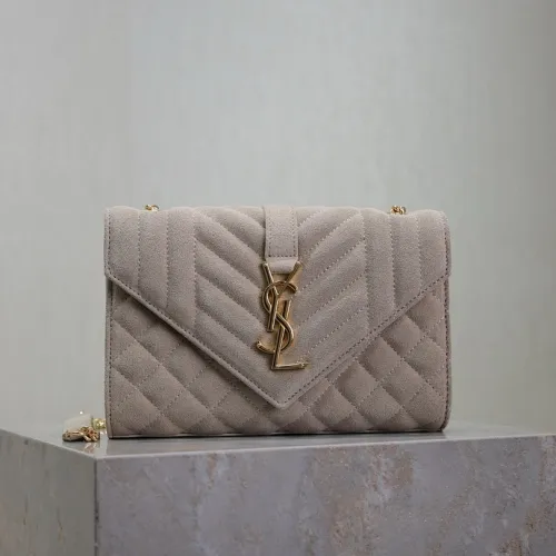 SAINT LAURENT Cassandra Envelope Crossbody Bag Set – Tan Leather-Suede & Black Velvet with Gold YSL Logo (Detachable Chain Strap) #B58766