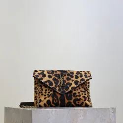 SAINT LAURENT Cassandra Envelope Crossbody Clutch – Leopard-Print Haircalf with Gold YSL Logo (Detachable Chain Strap) #B58775