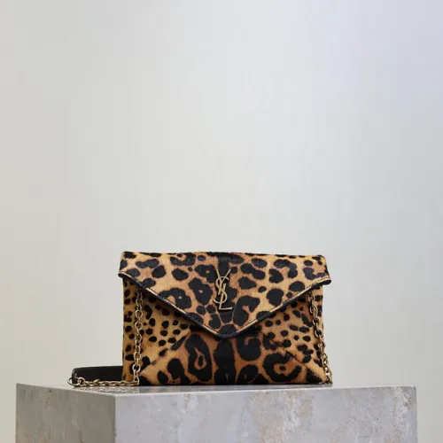 SAINT LAURENT Cassandra Envelope Crossbody Clutch – Leopard-Print Haircalf with Gold YSL Logo (Detachable Chain Strap) #B58775