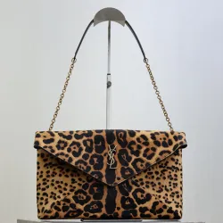 SAINT LAURENT Cassandra Envelope Shoulder Bag – Leopard-Print Calf Hair with Gold YSL Logo #B58756