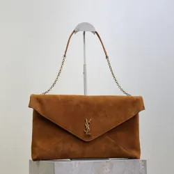 SAINT LAURENT Cassandra Large Envelope Shoulder Bag – Tan Suede with Gold YSL Logo (Detachable Chain Strap) #B58774