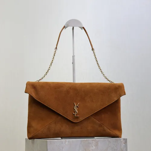 SAINT LAURENT Cassandra Large Envelope Shoulder Bag – Tan Suede with Gold YSL Logo (Detachable Chain Strap) #B58774