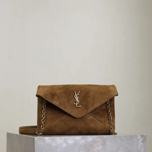 SAINT LAURENT Cassandre Envelope Chain Pouch – Camel Suede Leather with Gold YSL Logo #B58753