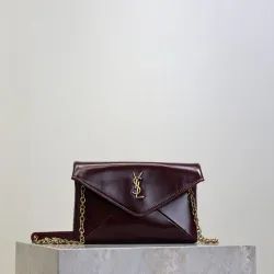 SAINT LAURENT Cassandre Envelope Chain Pouch – Hot Wine Lambskin Leather with Gold YSL Logo #B58752