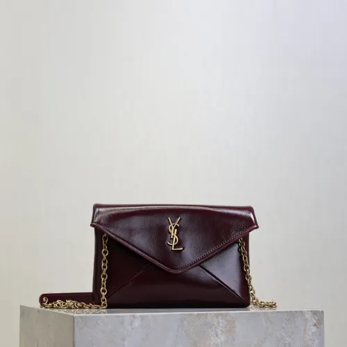 SAINT LAURENT Cassandre Envelope Chain Pouch – Hot Wine Lambskin Leather with Gold YSL Logo #B58752