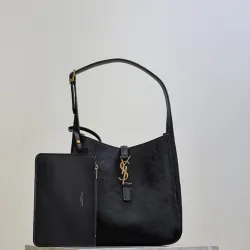 SAINT LAURENT Le 5 à 7 Hobo Bag Set – Black Haircalf with Matching Pouch & Gold YSL Logo (Adjustable Strap) #B58762