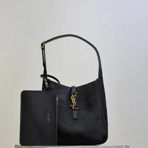 SAINT LAURENT Le 5 à 7 Hobo Bag Set – Black Haircalf with Matching Pouch & Gold YSL Logo (Adjustable Strap) #B58762