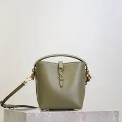 SAINT LAURENT Le 5 à 7 Small Bucket Bag – Olive Green Smooth Leather with Gold YSL Logo (Adjustable Crossbody Strap) #B58773