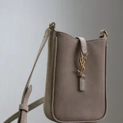 SAINT LAURENT Le 5 à 7 Small Bucket Bag – Taupe Suede Leather with Gold YSL Logo (Adjustable Crossbody Strap) #B58759