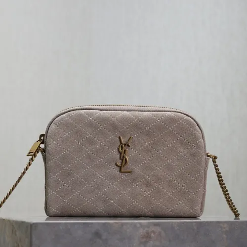 SAINT LAURENT Le 5 à 7 Small Bucket Bag – Taupe Suede Leather with Gold YSL Logo (Adjustable Crossbody Strap) #B58760