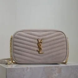 SAINT LAURENT Lou Camera Crossbody Bag – Dusty Beige Suede with Diagonal Quilt & Gold YSL Logo (Chain Strap) #B58763