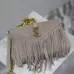 SAINT LAURENT Loulou Fringe Medium Shoulder Bag – Dusty Beige Suede with Chevron Quilt & Gold YSL Logo (Convertible Chain Strap) #B58771