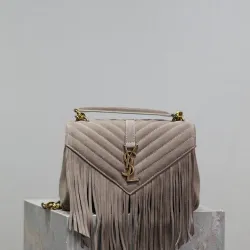 SAINT LAURENT Loulou Fringe Medium Shoulder Bag – Dusty Beige Suede with Chevron Quilt & Gold YSL Logo (Convertible Chain Strap) #B58771