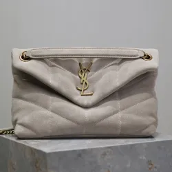 SAINT LAURENT Loulou Medium Shoulder Bag – Light Beige Suede with Chevron Quilt & Gold YSL Logo (Convertible Chain Strap) #B58764